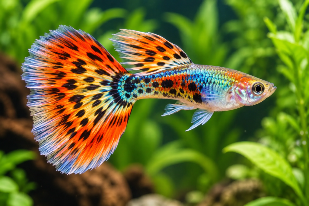 Guppy macho de cola naranja con manchas negras