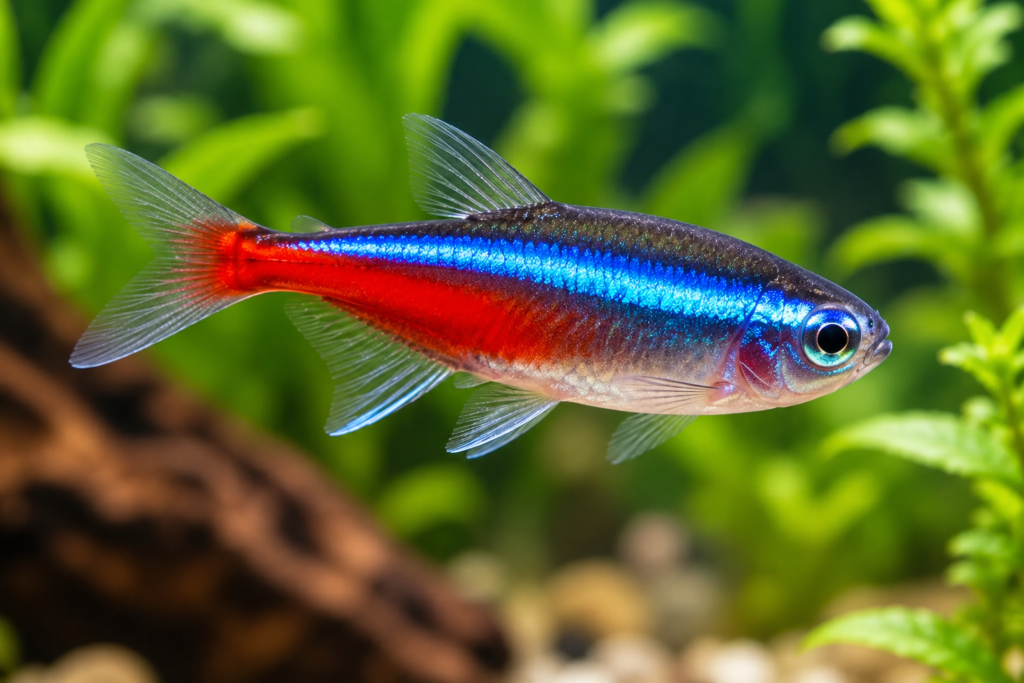 Pez neón con franja azul y roja entre plantas