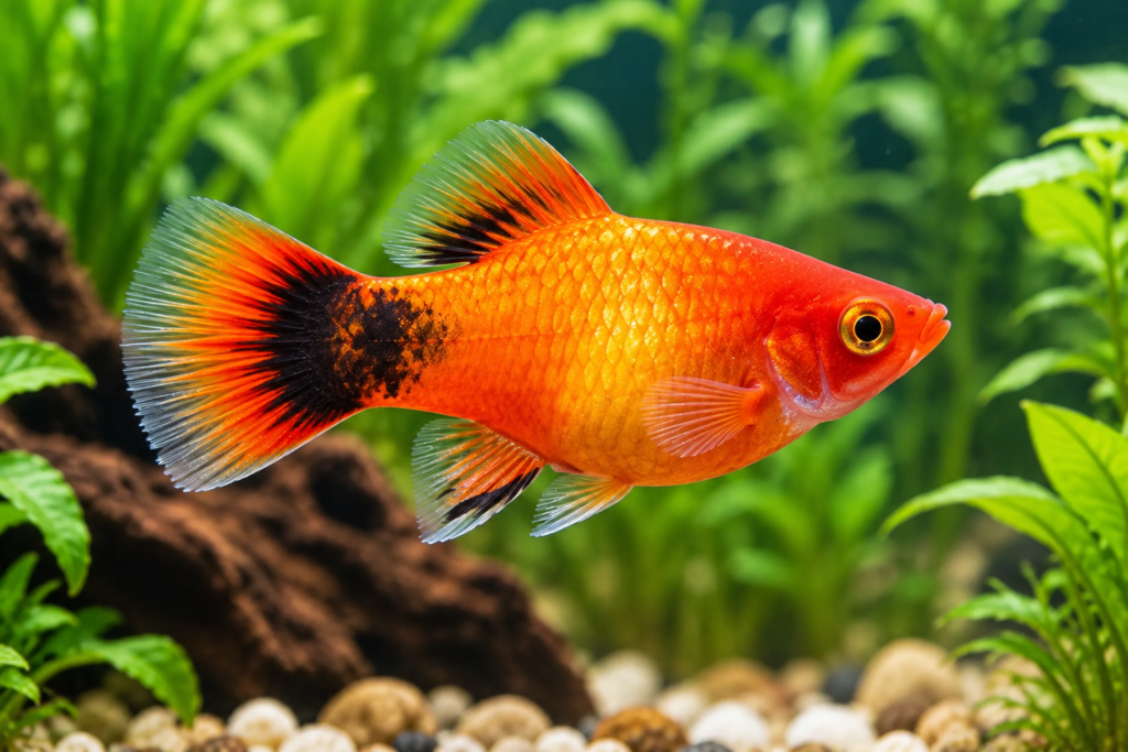 Platy naranja con cola oscura en un acuario plantado