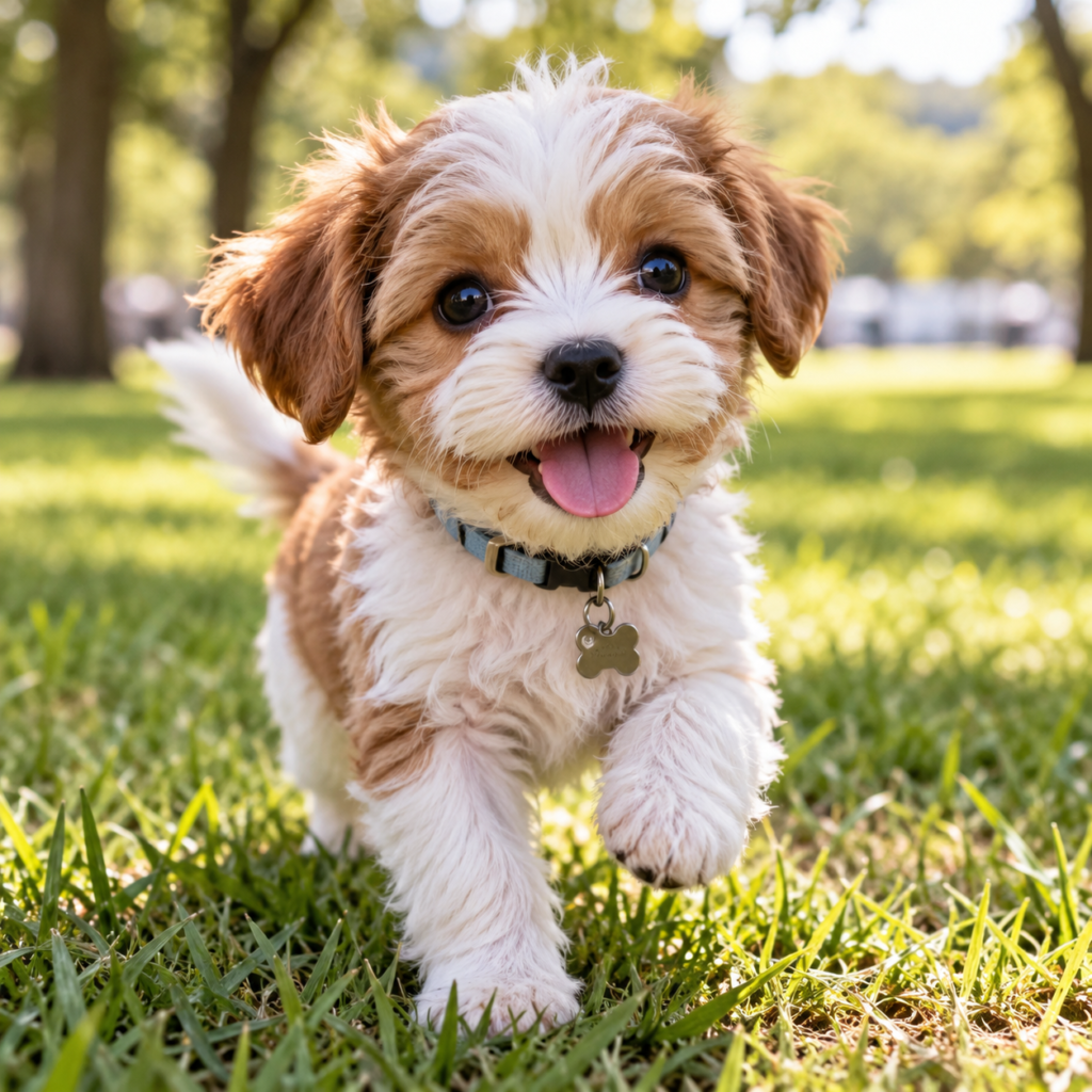 Cachorro cavapoo blanco y canela con collar azul corriendo por el césped