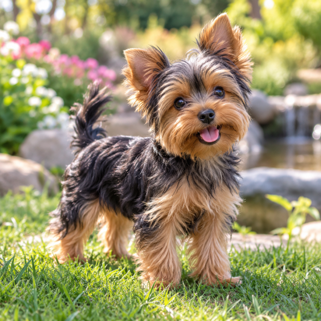 Yorkshire terrier pequeño de pie sobre la hierba en un jardín con flores