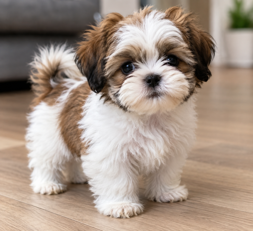 Cachorro de shih tzu blanco y marrón de pie sobre un suelo de madera