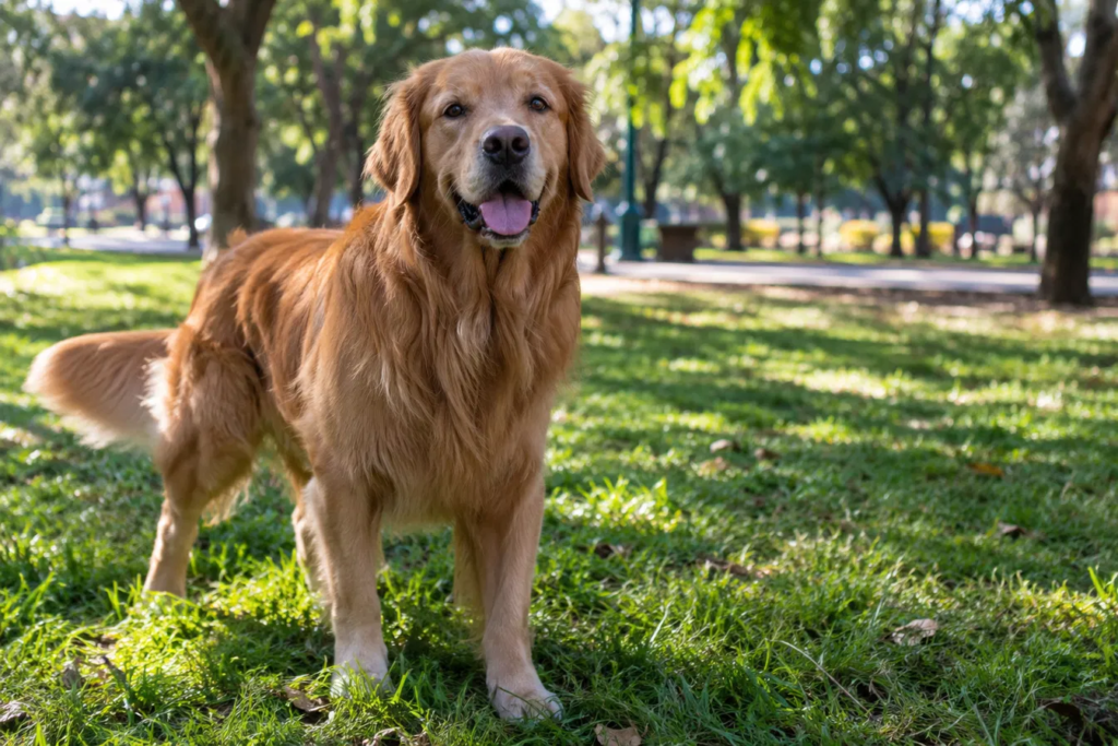 Golden retriever sonriendo en un parque