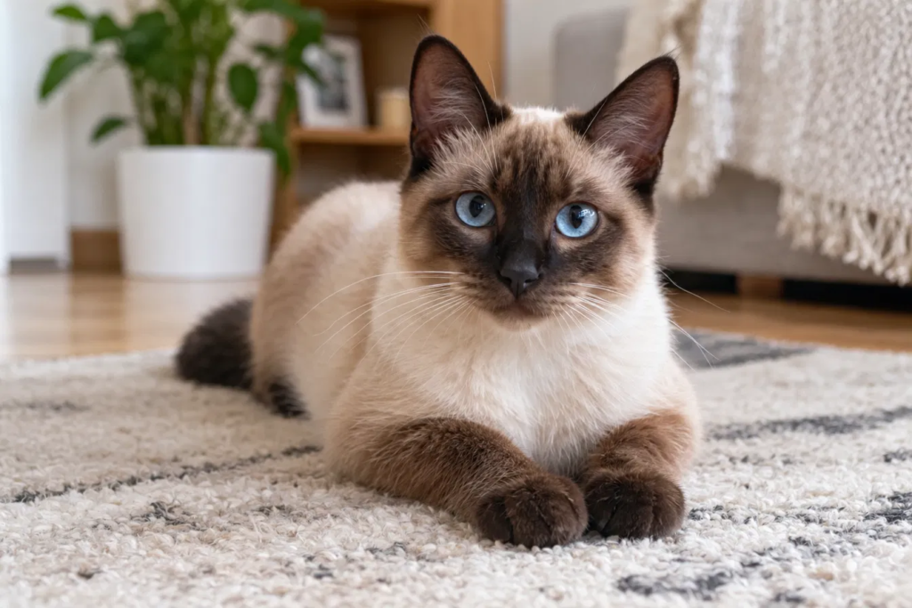 Gato siamés de ojos azules tumbado en una alfombra