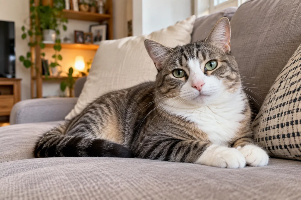 Gato europeo atigrado y blanco en el sofá