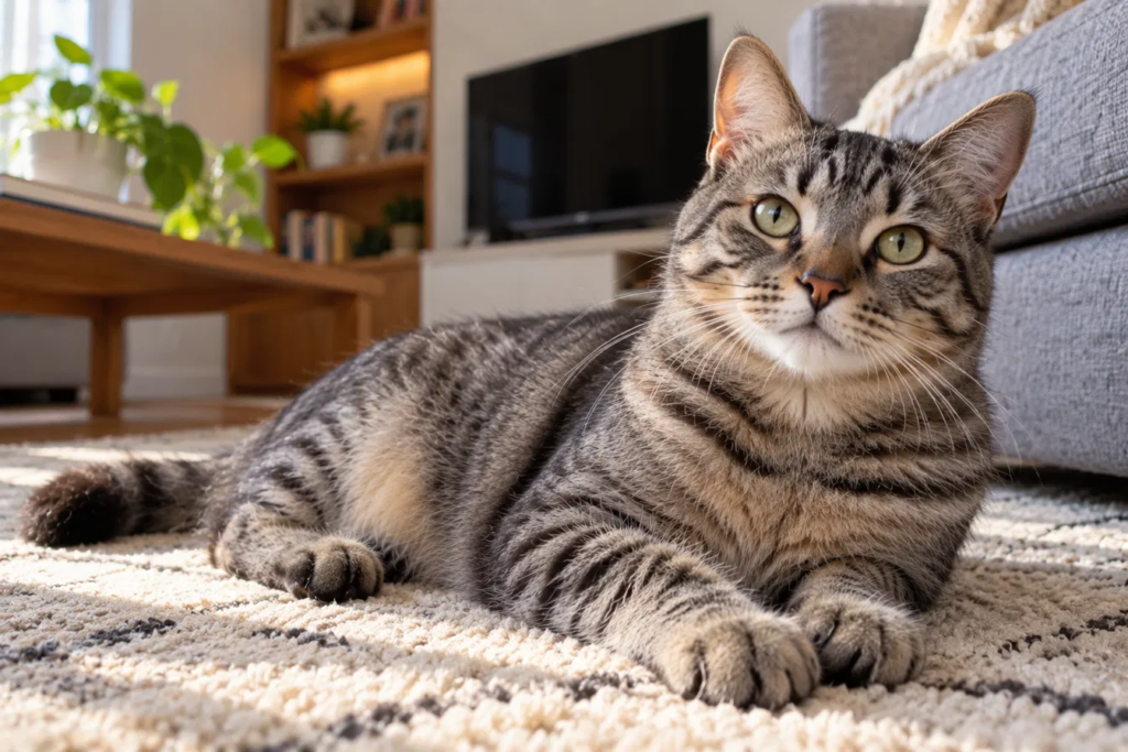 Gato europeo atigrado tumbado en casa