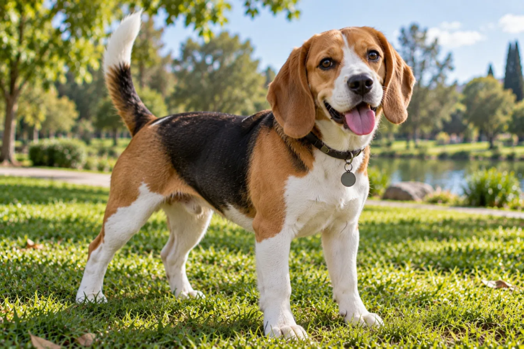 Beagle tricolor en un parque