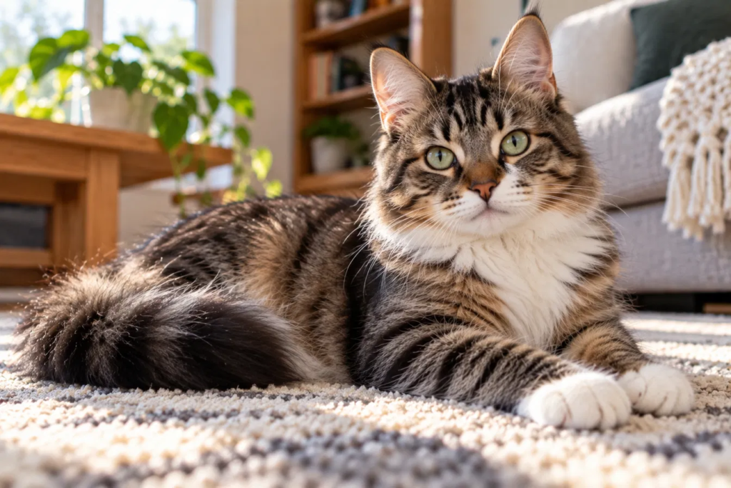 Gato de pelo semilargo atigrado tumbado en una alfombra