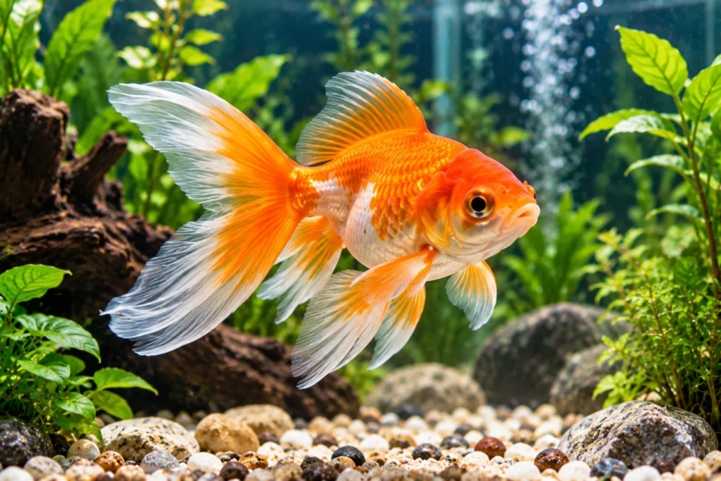 Pez dorado en un acuario plantado