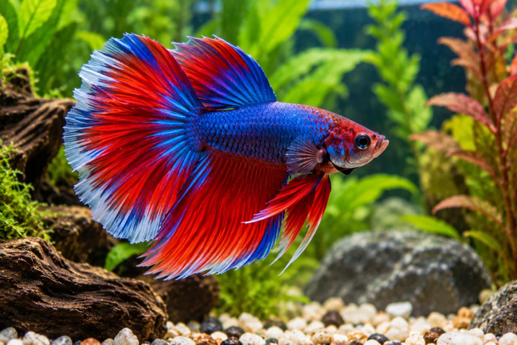 Pez betta rojo y azul en un acuario